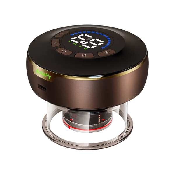 RelaxRiser™ SmartTherm by AcheFly – a sleek, black and bronze 4-in-1 cupping and Gua Sha massager with a digital display, control buttons, and a transparent suction base designed for massage, heat therapy, and muscle recovery