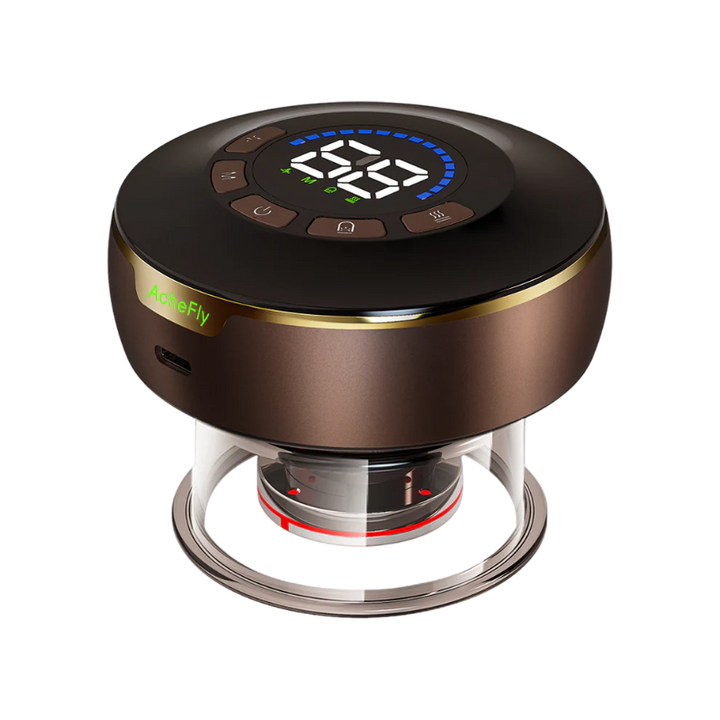 RelaxRiser™ SmartTherm by AcheFly – a sleek, black and bronze 4-in-1 cupping and Gua Sha massager with a digital display, control buttons, and a transparent suction base designed for massage, heat therapy, and muscle recovery