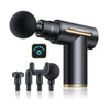 RelaxRiser™ Deep Tissue Massage Gun in sleek black design with gold accents, featuring an LED power indicator and four interchangeable massage heads for targeted muscle relief and recovery