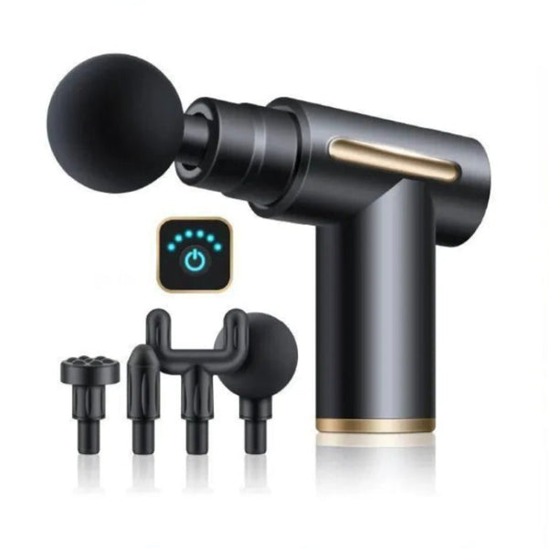 RelaxRiser™ Deep Tissue Massage Gun in sleek black design with gold accents, featuring an LED power indicator and four interchangeable massage heads for targeted muscle relief and recovery