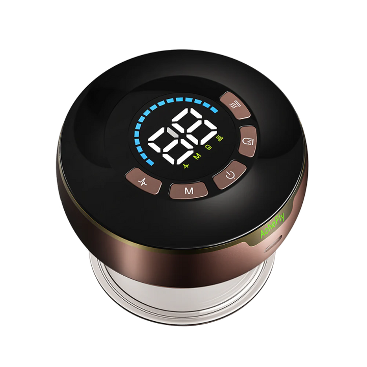 Top view of the RelaxRiser™ SmartTherm by AcheFly – a 4-in-1 cupping and Gua Sha massager featuring a digital LED display, multiple control buttons, and a bronze-black finish, designed for advanced heat, suction, and vibration therapy.