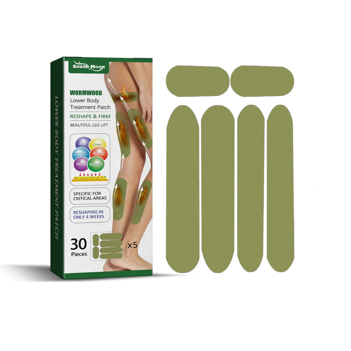 Wormwood lower body treatment patches with packaging on a white background