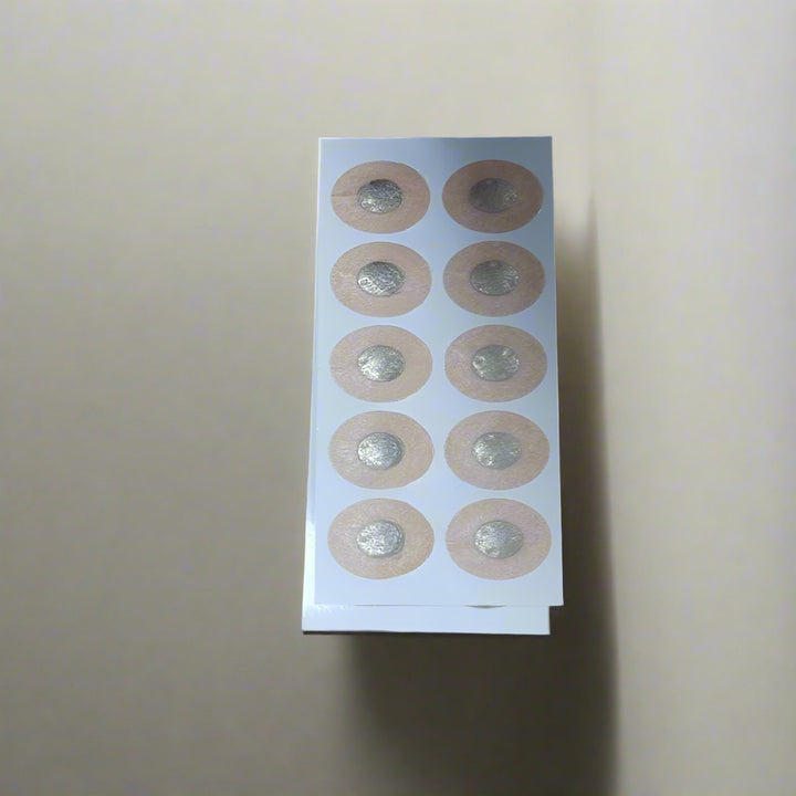 Sheet of adhesive patches on a wooden surface