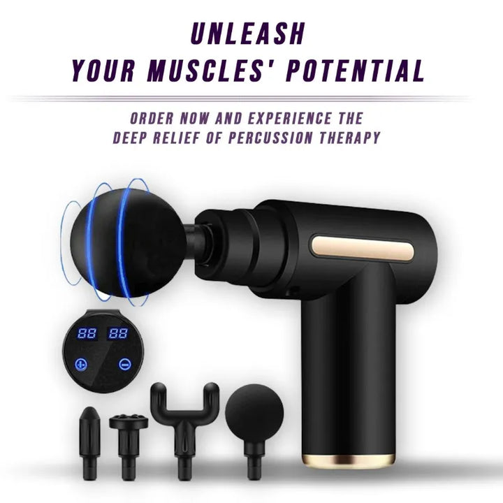 Promotional graphic of the RelaxRiser™ Deep Tissue Massage Gun with four massage heads and a digital control interface, accompanied by bold text encouraging users to "Unleash Your Muscles' Potential" with percussion therapy