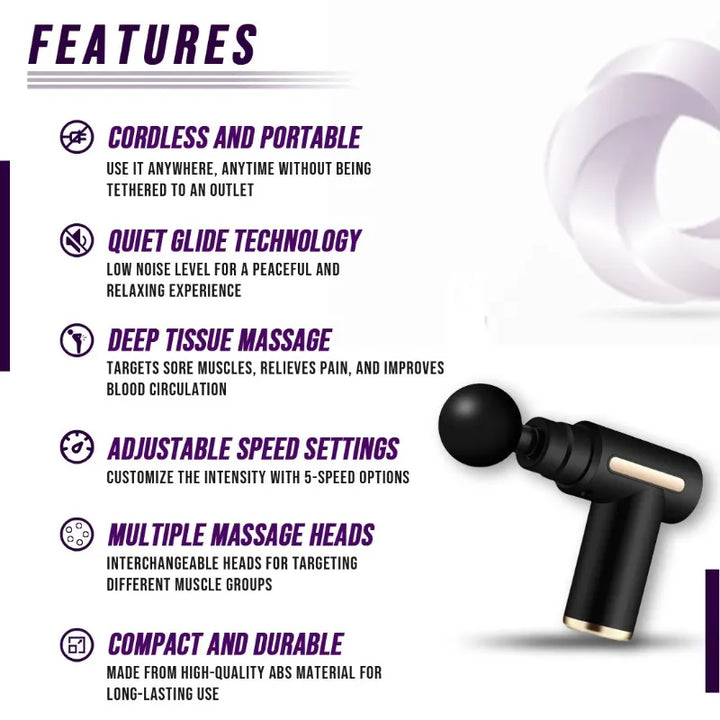 Feature breakdown of the RelaxRiser™ Massage Gun, highlighting cordless use, quiet glide technology, deep tissue relief, adjustable speed settings, multiple massage heads, and durable build