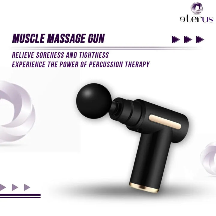 Promotional design for the RelaxRiser™ Muscle Massage Gun, showcasing the device with bold text emphasizing relief from soreness and the benefits of percussion therapy