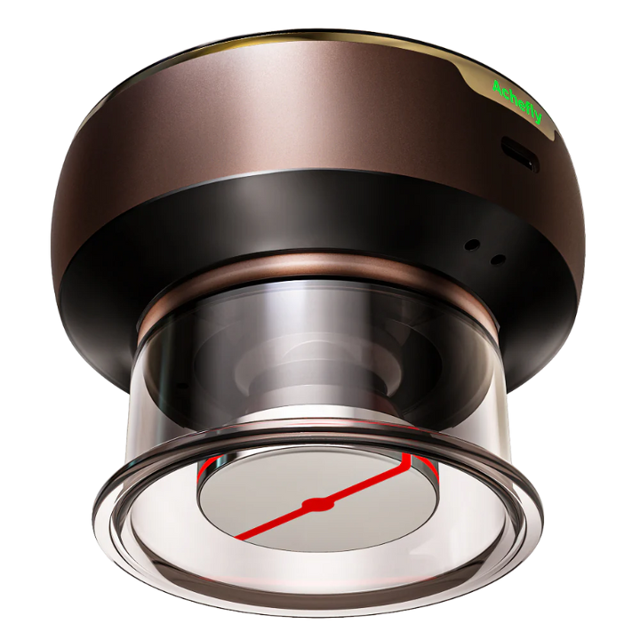 Bottom view of the RelaxRiser™ SmartTherm by AcheFly – displaying the transparent suction cup and red heating zone, designed for deep-tissue therapy, cupping, and Gua Sha massage with smart vibration and thermal functions.