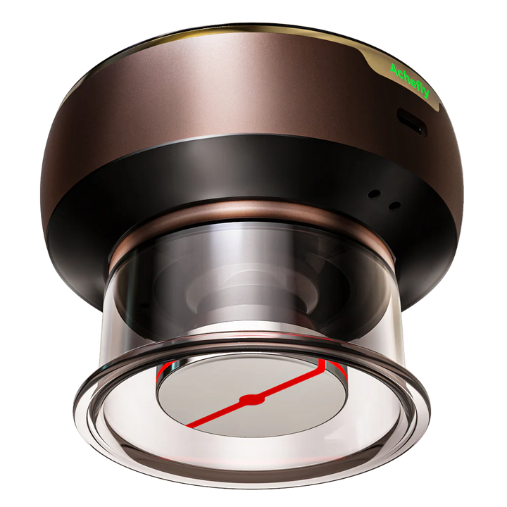 Close-up of a ceiling light fixture with a brand logo on a white background