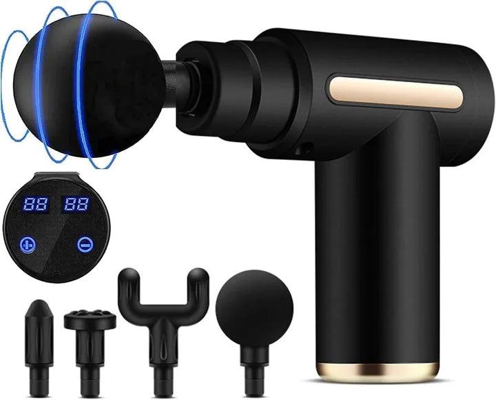 Main product image of the RelaxRiser™ Deep Tissue Massage Gun with four interchangeable heads and a digital display, showcasing vibration effect and ergonomic design for muscle recovery