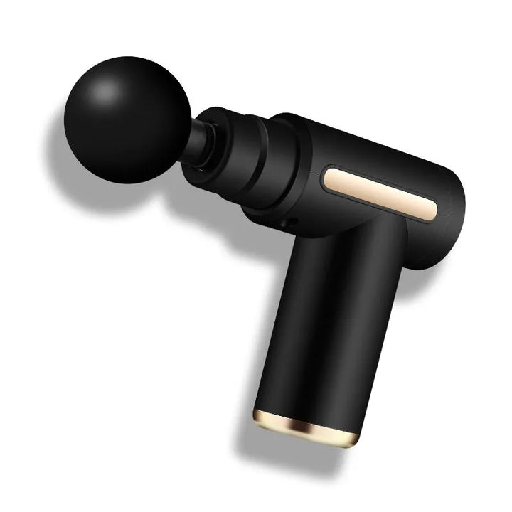 Isolated image of the RelaxRiser™ Massage Gun on a clean white background with shadow effect, highlighting its elegant black and gold design for product-focused use.