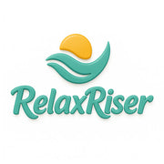 RelaxRiser logo in elegant teal lettering with a golden sun above soft teal waves, symbolizing calm, renewal, and modern wellness.