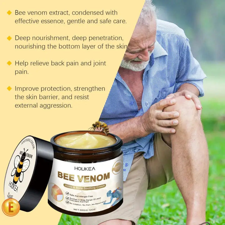 Infographic showing benefits of RelaxRiser™ BeeTherm Relief Cream with elderly man holding painful knee and bee venom cream jar in foreground