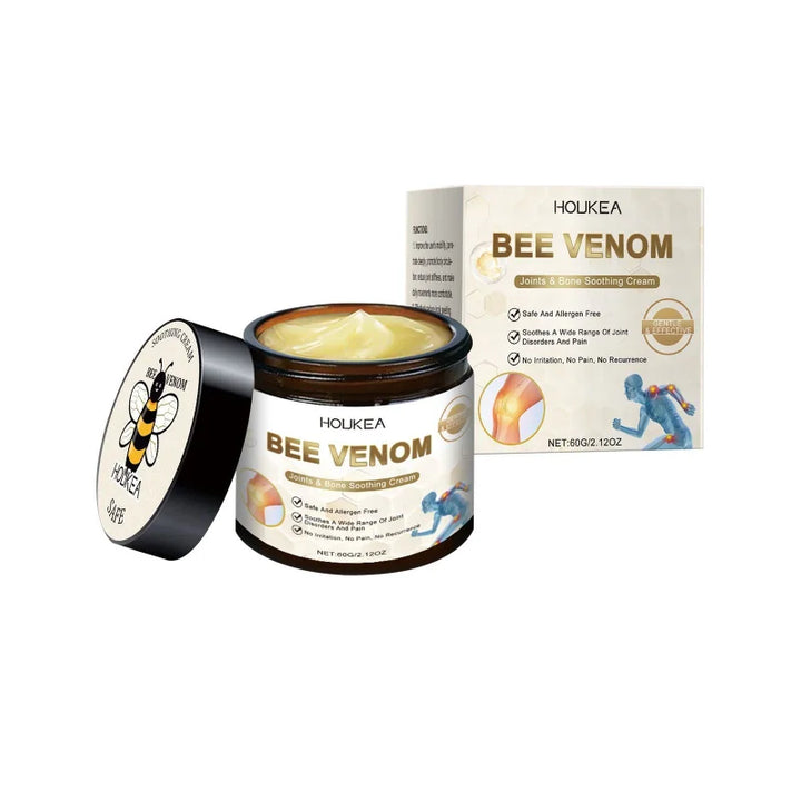 RelaxRiser™ BeeTherm Relief Cream with bee venom for joint and muscle pain relief, shown in open jar with product packaging