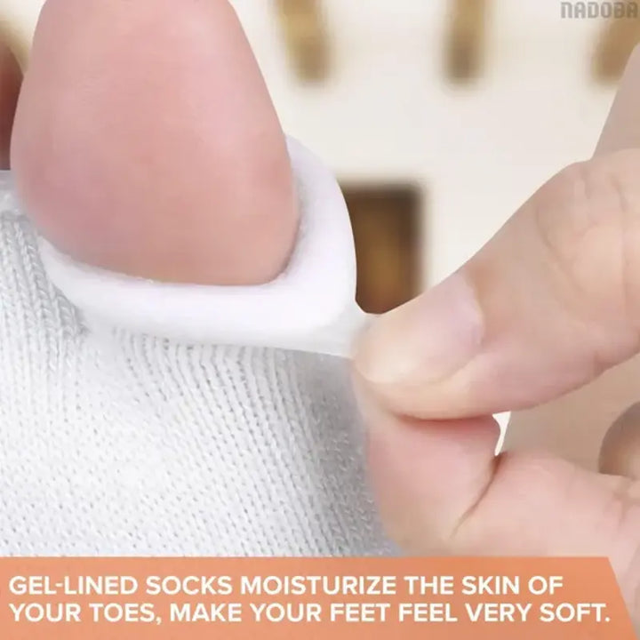 Close-up of RelaxRiser™ gel-lined toe separator socks showing soft interior for moisturizing and comfort-enhancing wear