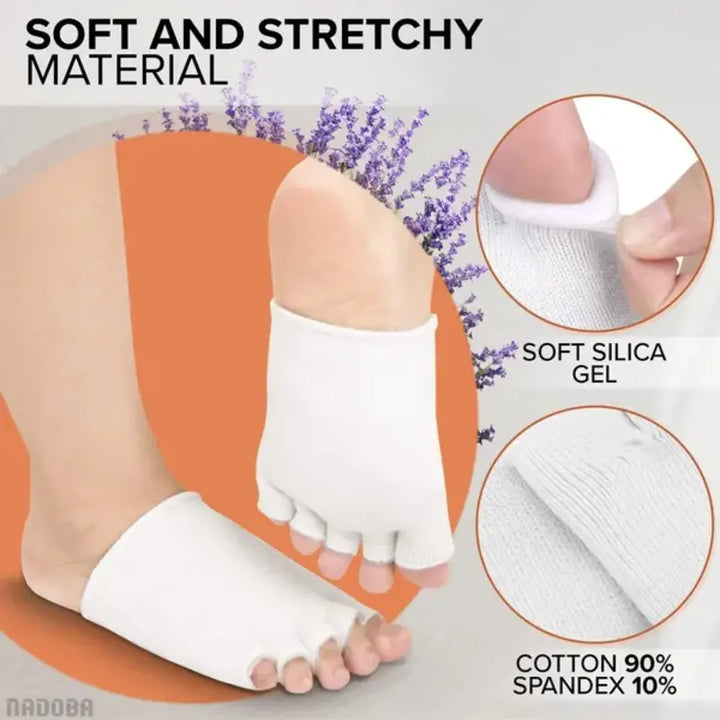 RelaxRiser™ toe separator socks made from 90% cotton and 10% spandex with soft silica gel pads, breathable and stretchy fabric for daily foot wellness and comfort