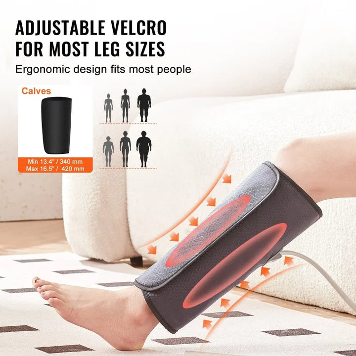 RelaxRiser™ LegEase Pro Calf Massager with adjustable Velcro wrap for 13.4 to 16.5 inch leg sizes and ergonomic design to fit most body types
