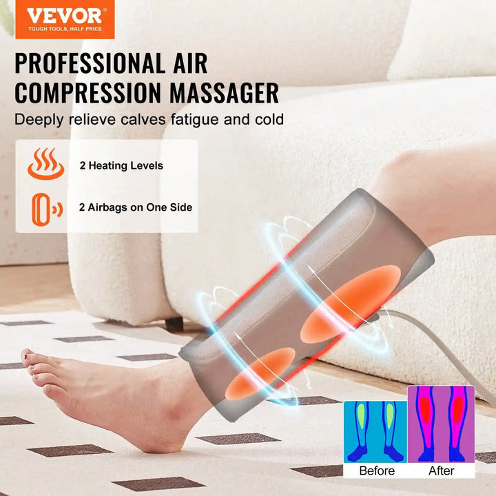 Infographic showing RelaxRiser™ LegEase Pro Heated Air Compression Calf Massager with 2 heating levels and dual airbags for leg fatigue relief