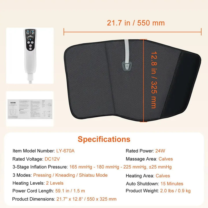 Specifications chart for RelaxRiser™ LegEase Pro calf massager showing dimensions, heating levels, massage modes, voltage, and controller details