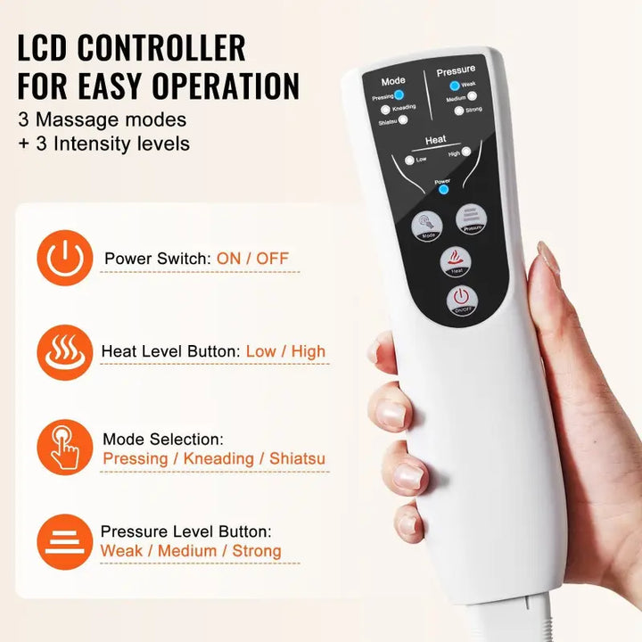 Handheld LCD controller for RelaxRiser™ LegEase Pro Calf Massager showing massage mode, heat level, and pressure intensity settings