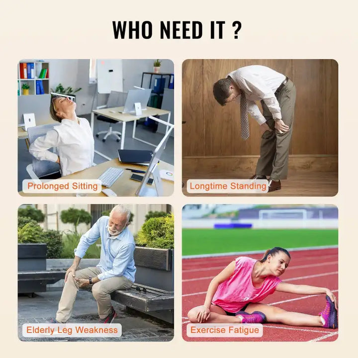 Infographic showing ideal use cases for RelaxRiser™ LegEase Pro calf massager including prolonged sitting, standing, elderly leg weakness, and exercise fatigue