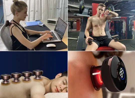 Multiple users demonstrating RelaxRiser™ SmartTherm in various settings—desk, gym, and spa—for red light therapy, cupping massage, and muscle recovery