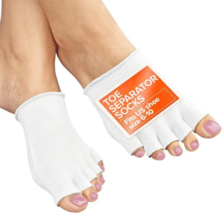 RelaxRiser™ white toe separator socks for women, soft cotton design fits US shoe size 6–10, ideal for comfort, pedicure prep, and foot care routine