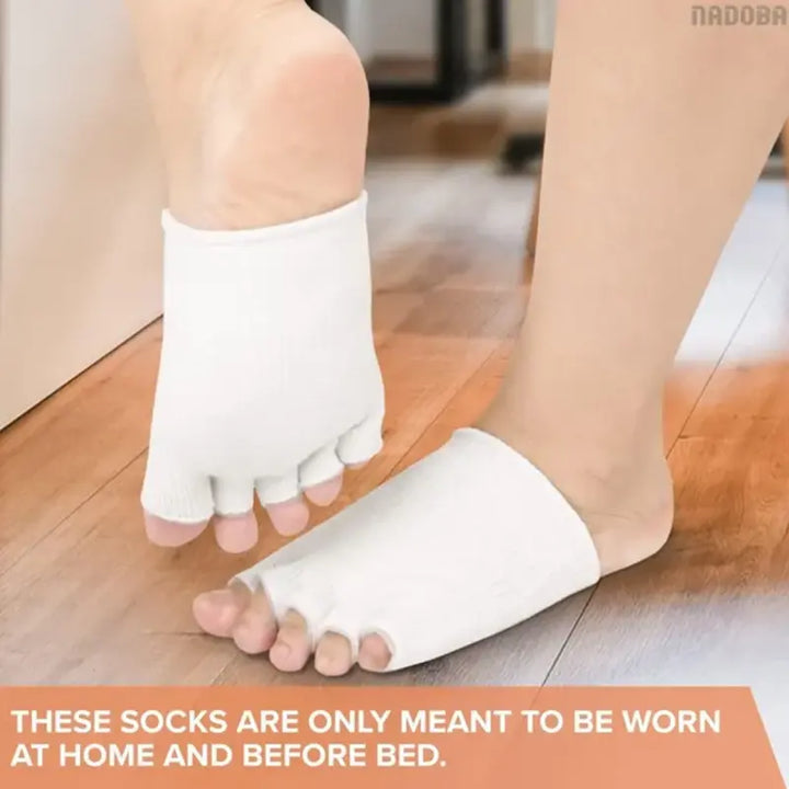 RelaxRiser™ gel toe separator socks designed for home and bedtime use, gently spacing toes to promote comfort and relaxation