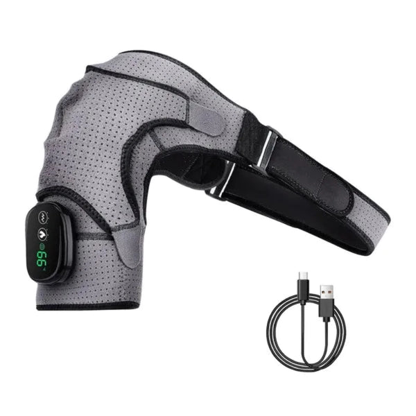 Cordless heated shoulder wrap with adjustable straps and digital control panel, designed for targeted shoulder pain relief using heat and vibration therapy, shown with USB charging cable.