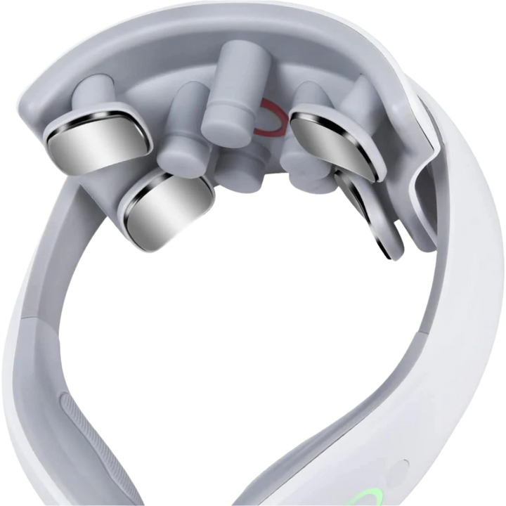 Close-up view of the RelaxRiser™ Smart Neck Massager featuring ergonomic design, four stainless steel contact nodes, and integrated control panel for heat and pulse massage therapy.