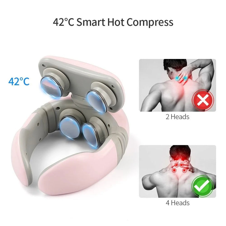Smart neck massager with 4 heating heads and 42°C hot compress feature, compared to a 2-head model for enhanced neck relief.