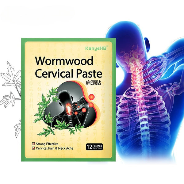 Wormwood Cervical Paste packaging with a medical illustration of a neck and shoulder.