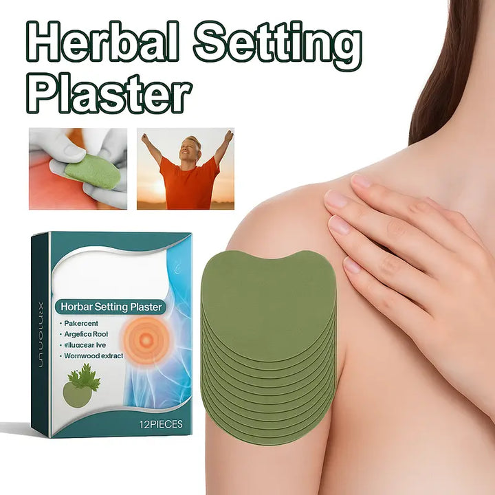 Illustration of herbal shoulder patch beside product box, showing concept of comfort and warmth for shoulder area 