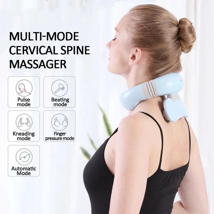 Woman using a multi-mode cervical spine massager featuring pulse, beating, kneading, finger pressure, and automatic modes.