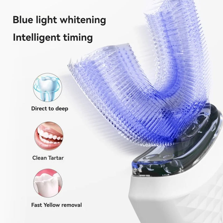 Close-up of the RelaxRiser™ BrightClean U-shaped toothbrush showcasing blue light whitening technology with silicone bristles and smart timing features.