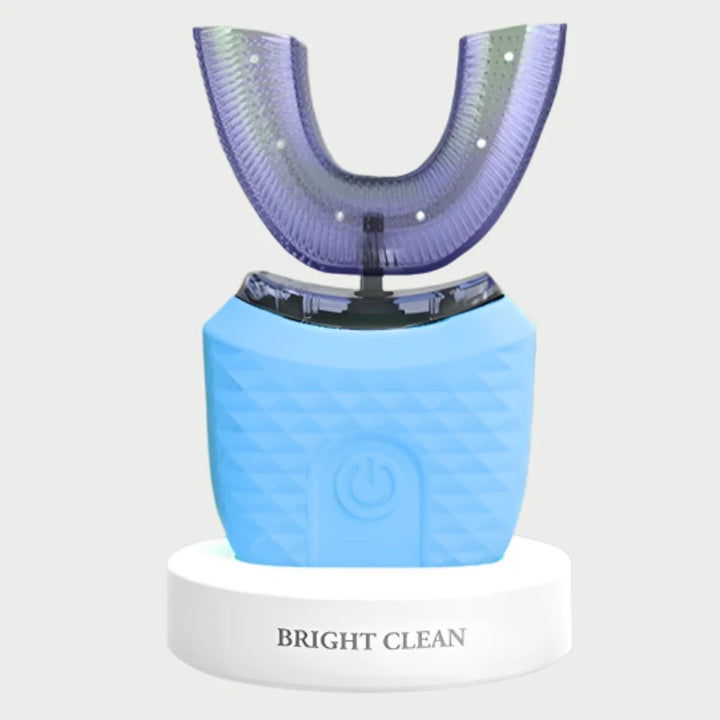 RelaxRiser™ BrightClean U-Shaped Electric Toothbrush in blue, placed on a sleek white base, showcasing its 360° silicone mouthpiece for hands-free brushing.