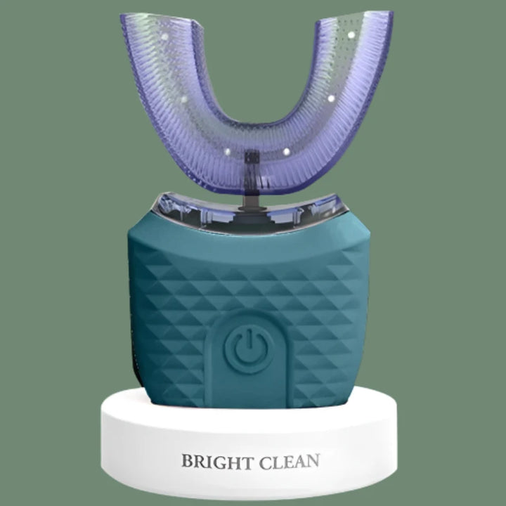 RelaxRiser™ BrightClean U-Shaped Electric Toothbrush in green, featuring a textured silicone body and a 360° mouthpiece on a clean white charging base.