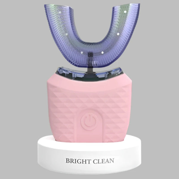 RelaxRiser™ BrightClean U-Shaped Electric Toothbrush in pink, shown standing on a white base with silicone mouthpiece, designed for advanced automatic dental cleaning.