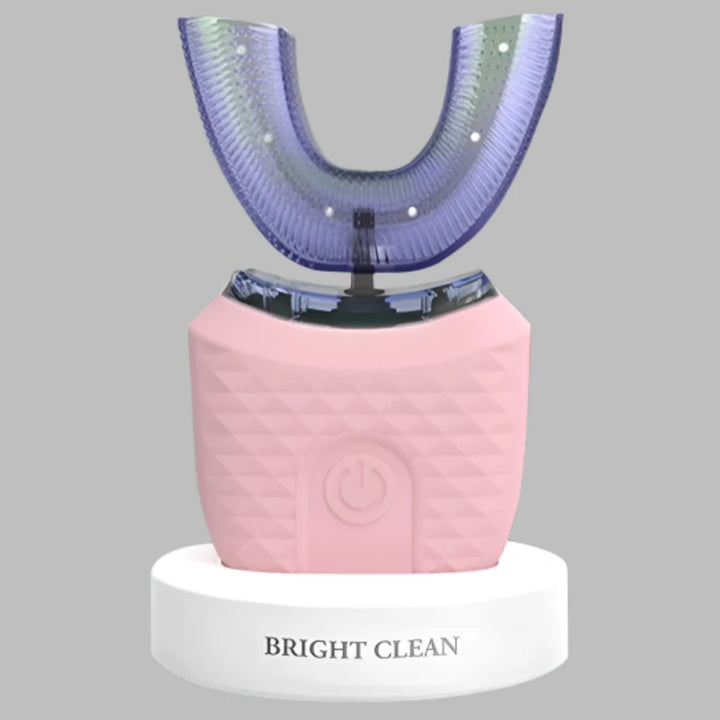 RelaxRiser™ BrightClean U-Shaped Electric Toothbrush in pink, shown standing on a white base with silicone mouthpiece, designed for advanced automatic dental cleaning.