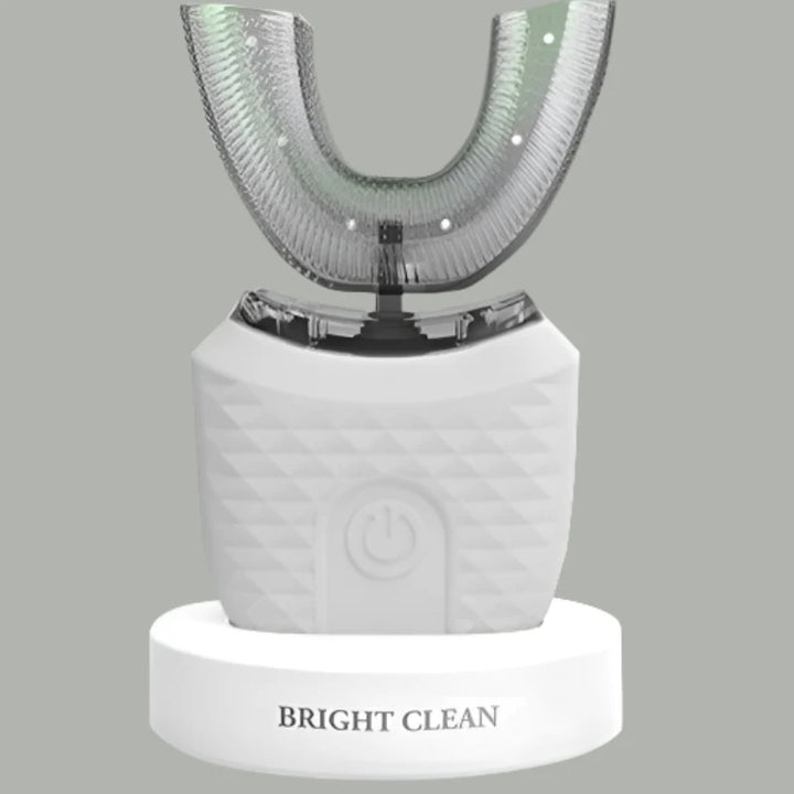 RelaxRiser™ BrightClean U-Shaped Electric Toothbrush in elegant white, displayed on its charging base with a diamond-textured handle and full-mouth brush head.