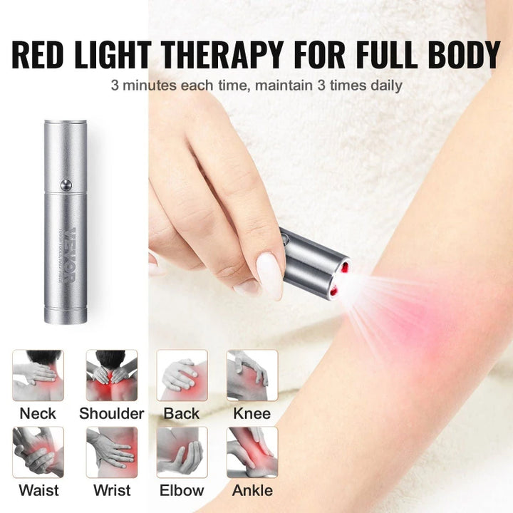 Graphic showing RelaxRiser™ DualGlow Red Light Wand being used on the arm for pain relief, highlighting recommended application areas including neck, back, knees, and joints.