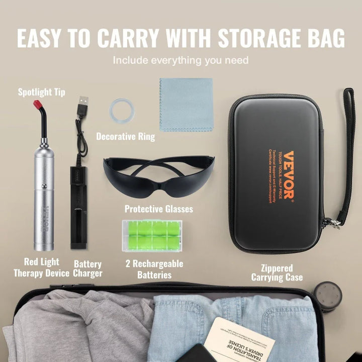 Complete set of the RelaxRiser™ DualGlow Red Light Wand including spotlight tip, battery charger, protective glasses, rechargeable batteries, and travel case for easy portability