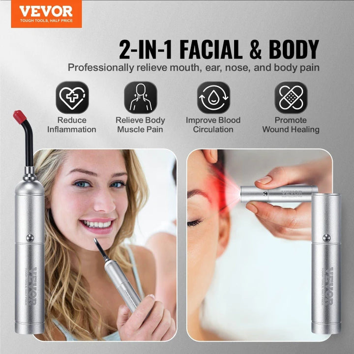 Promotional graphic for RelaxRiser™ DualGlow Red Light Wand showing facial and body use for reducing inflammation, relieving muscle pain, boosting circulation, and promoting healing.
