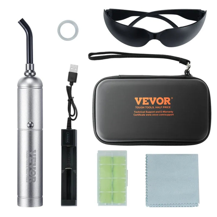 Flat lay of the RelaxRiser™ DualGlow Red Light Wand kit, including therapy wand, charger, protective glasses, batteries, cleaning cloth, ring, and zippered travel case.