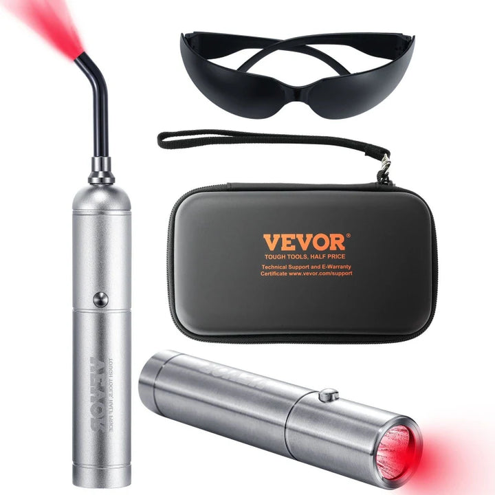 RelaxRiser™ DualGlow Red Light Wand set featuring both wand heads, protective glasses, and a travel case for convenient pain relief and skincare therapy on the go.