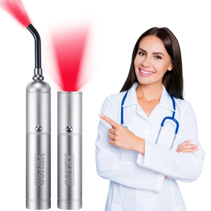 Smiling doctor recommending RelaxRiser™ DualGlow Red Light Wand with two head attachments emitting red light for therapy and skin care.