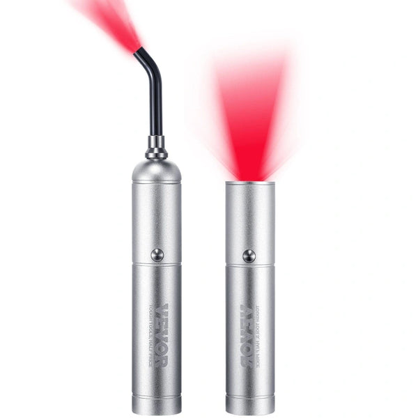 RelaxRiser™ DualGlow Red Light Wand shown in two configurations with visible red light therapy beams—ideal for targeted pain relief and skin rejuvenation in a sleek silver design.