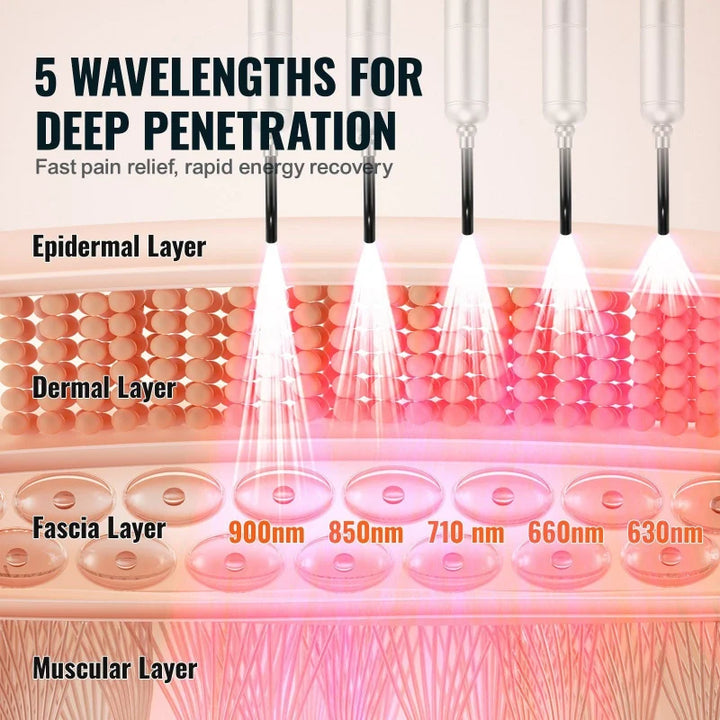 Diagram showing the 5 wavelengths of the RelaxRiser™ DualGlow Red Light Wand penetrating skin layers—epidermal to muscular—for deep tissue relief and recovery.