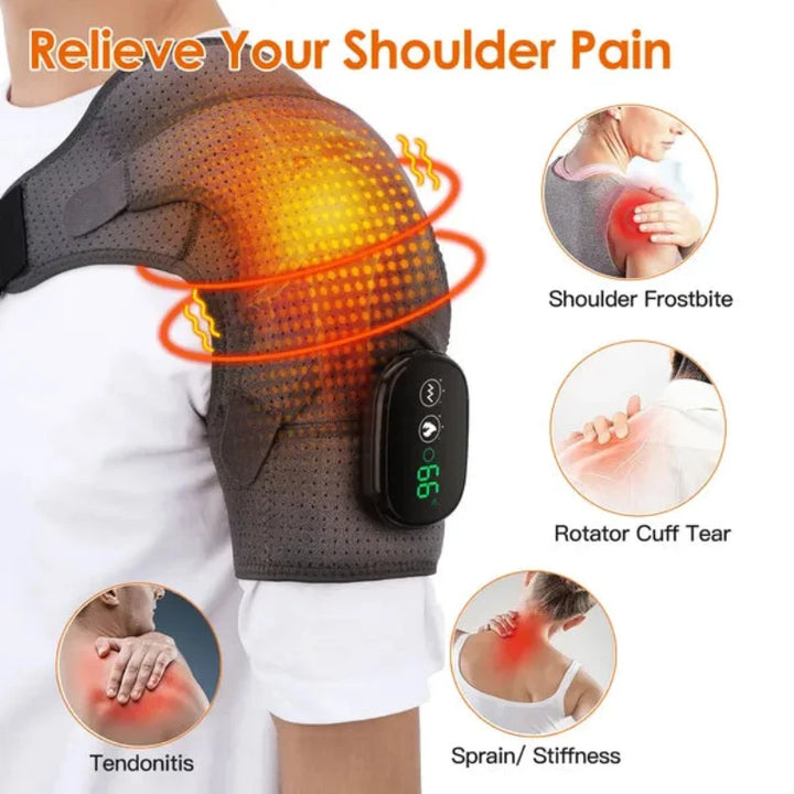 Graphic showing the RelaxRiser™ HeatFlex Shoulder Wrap in use, highlighting relief from shoulder frostbite, rotator cuff tear, tendonitis, and neck sprain/stiffness with vibrant heat therapy effects.