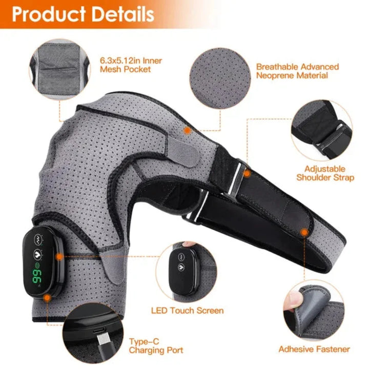Detailed labeled image of the RelaxRiser™ HeatFlex Shoulder Wrap highlighting features such as breathable neoprene material, adjustable shoulder strap, LED touch screen, Type-C charging port, mesh pocket, and adhesive fastener