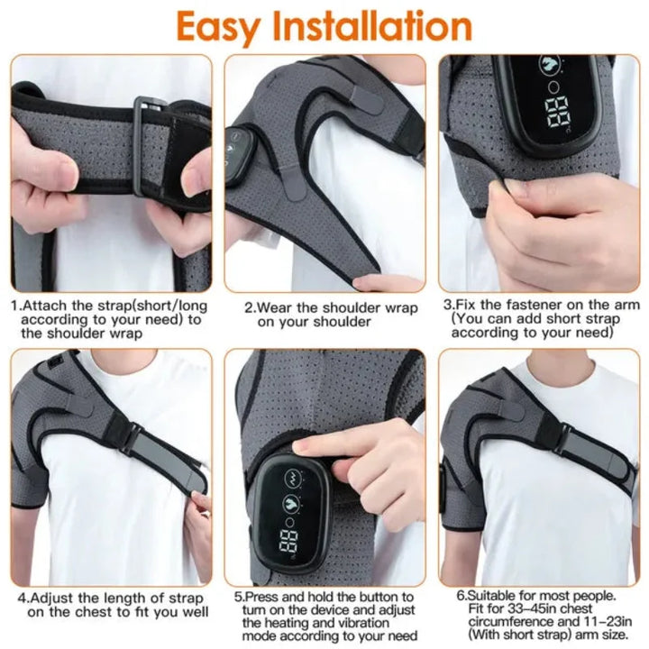 Step-by-step visual guide showing how to wear and adjust the RelaxRiser™ HeatFlex Shoulder Wrap, including strap attachment, shoulder placement, control panel operation, and fitting for different arm sizes.